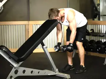 Correct form for the Bent Over Dumbbell Rear Delt Raise With Head On Bench