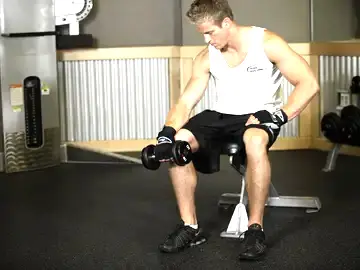 Correct form for the Seated One-Arm Dumbbell Palms-Down Wrist Curl
