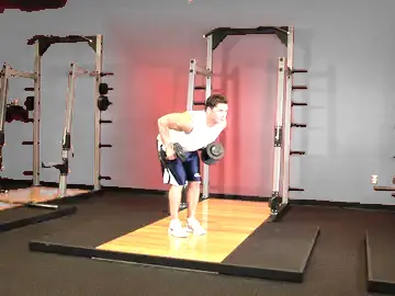 Correct form for the Standing Bent-Over Two-Arm Dumbbell Triceps Extension